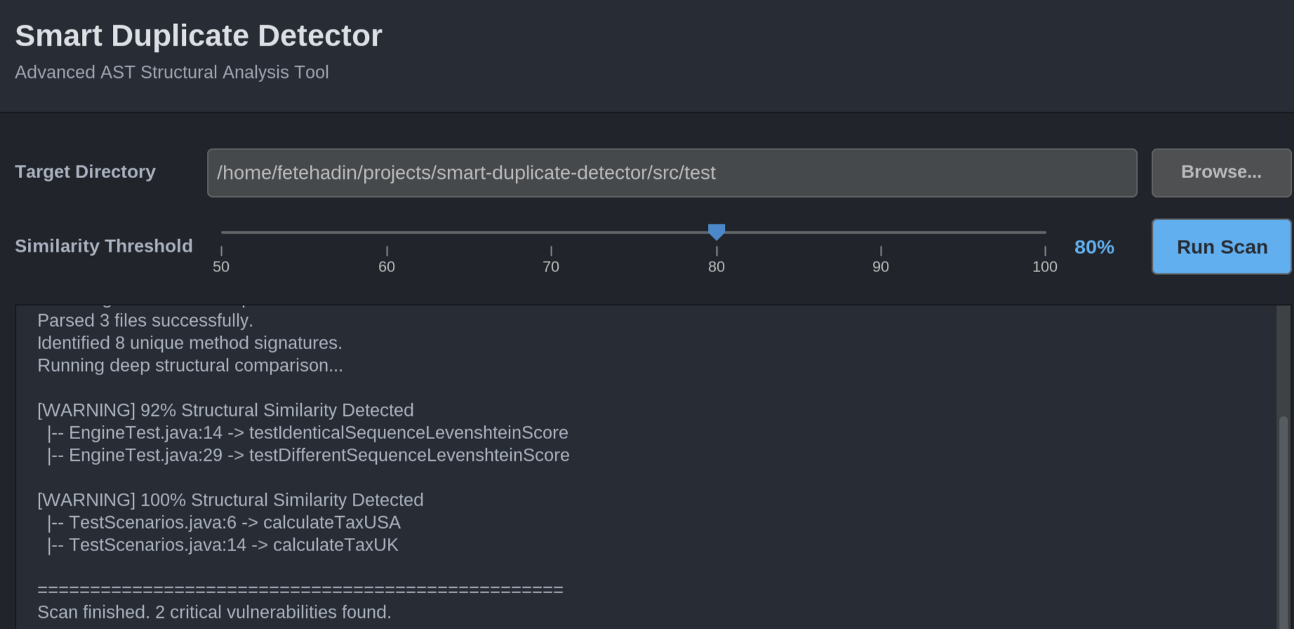 Smart Duplicate Detector desktop app after a scan, listing structural matches